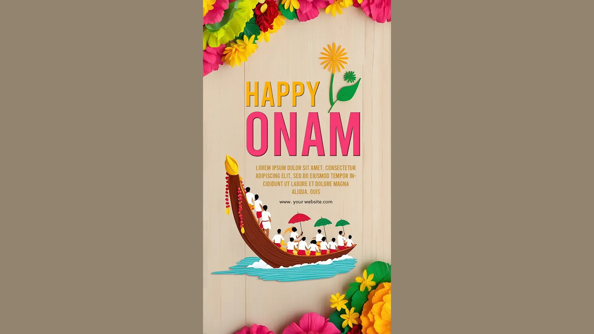 Floral Onam Wishes Instagram Story Card Featuring Festive Boat Race